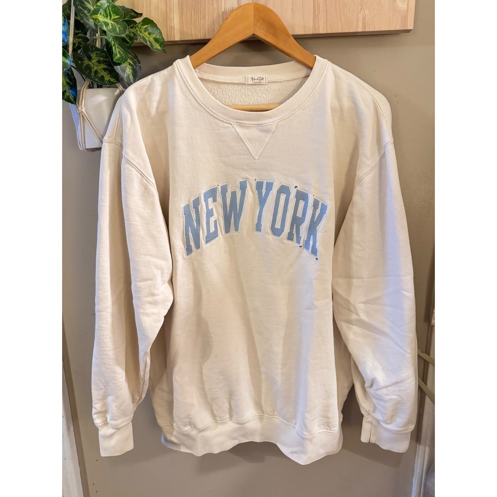 John Galt New York Graphic Sweatshirt Cream Light Blue Varsity Oversized‎